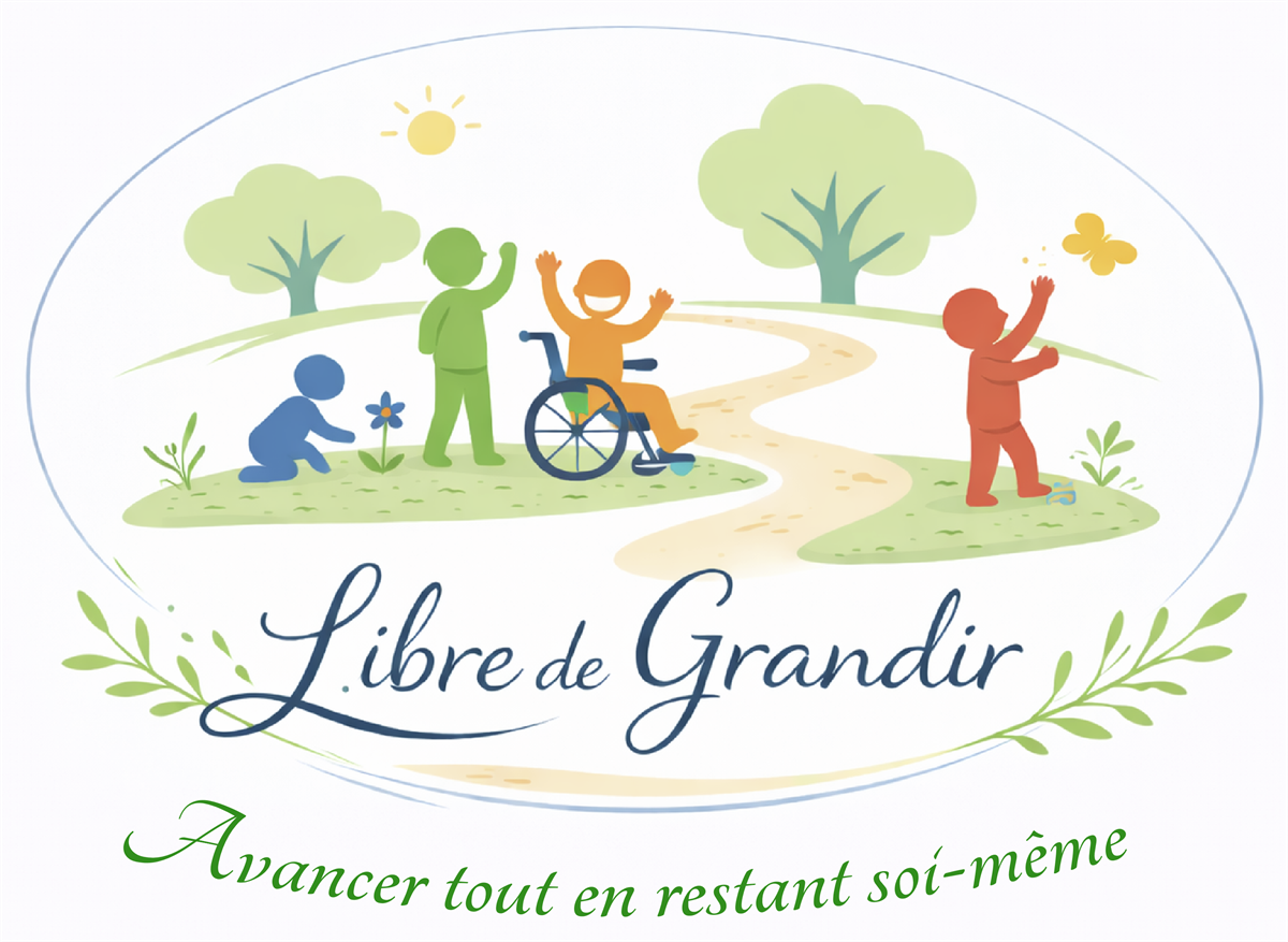 Logo Libre de Grandir : quatre enfants jouent dans un jardin, dont un en fauteuil roulant. Signature : Avancer tout en restant soi-même.